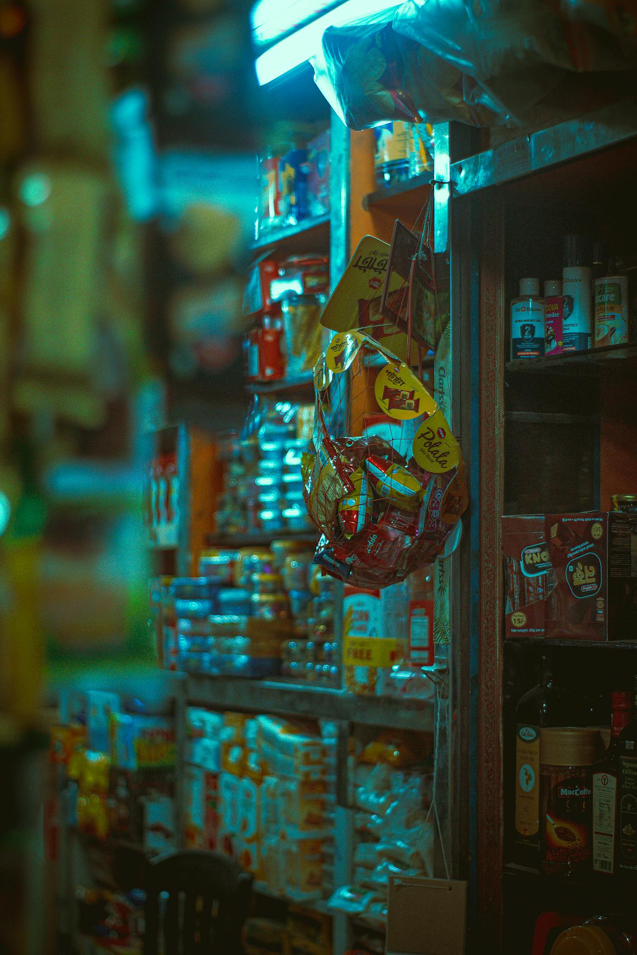 foods on wooden shelves in a store